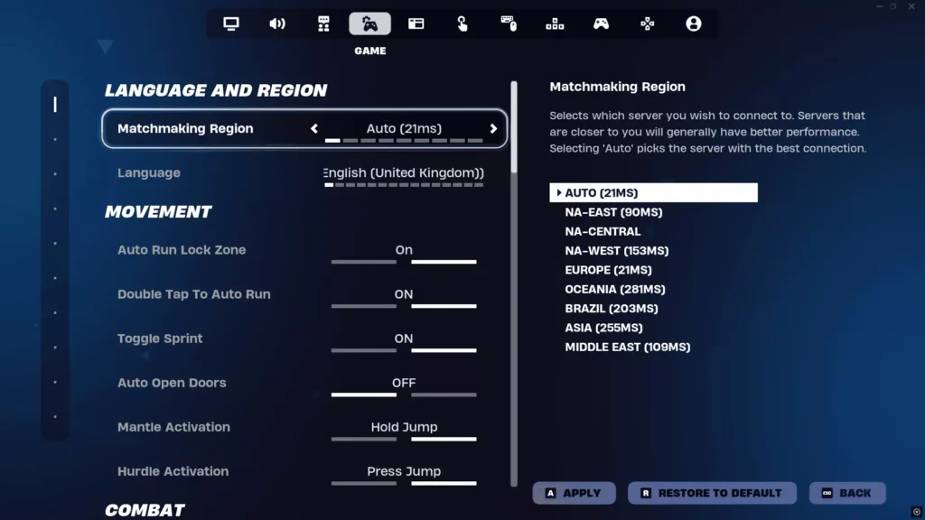 Change matchmaking region in Fortnite