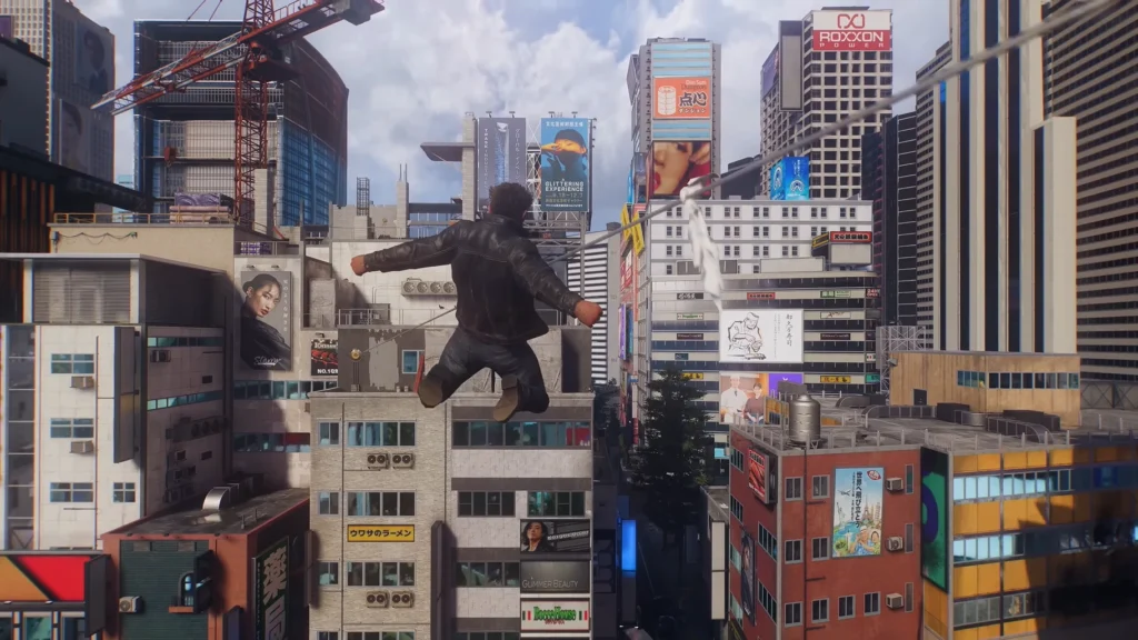 Logan leaping off of a rooftop in Tokyo in Marvel's Wolverine.